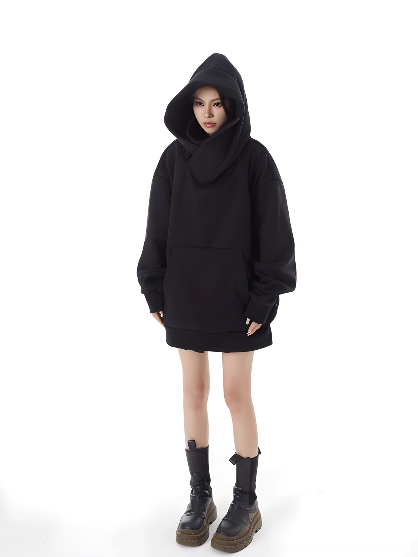 Modern women's high-neck hoodie with oversized streetwear shape, cozy pullover construction, and Y2K-inspired styling potential