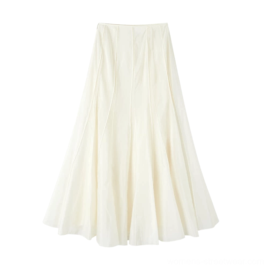 Flat lay front view of the Moon White high waist paneled cupro fishtail maxi skirt with vertical seams and a softly flared long silhouette