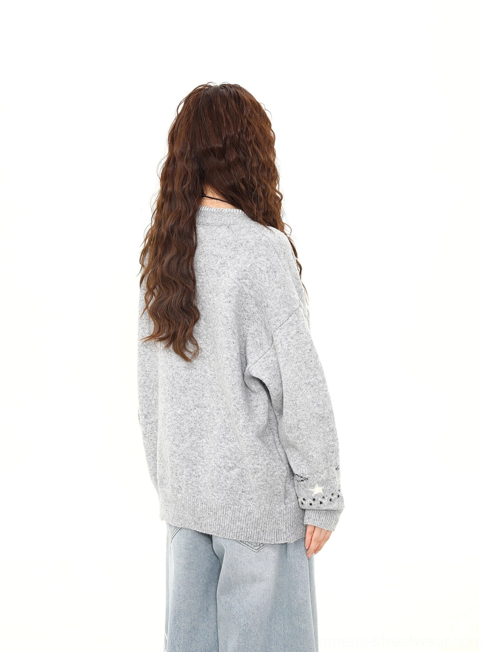 Moonlight Kitty embroidered oversized knit cardigan product view with playful black cat space motif, ribbed edges, button front, and Korean streetwear styling