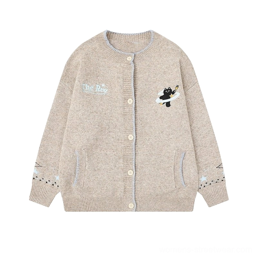 Moonlight Kitty khaki embroidered oversized knit cardigan with playful black cat flying saucer motif, front button closure, and ribbed knit details