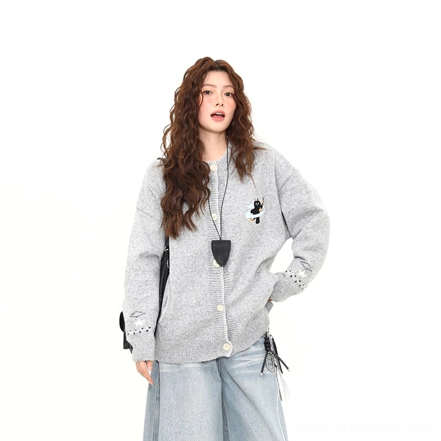 Moonlight Kitty Korean streetwear knit cardigan featuring oversized proportions, black cat embroidery, contrasting buttons, and textured ribbed trims