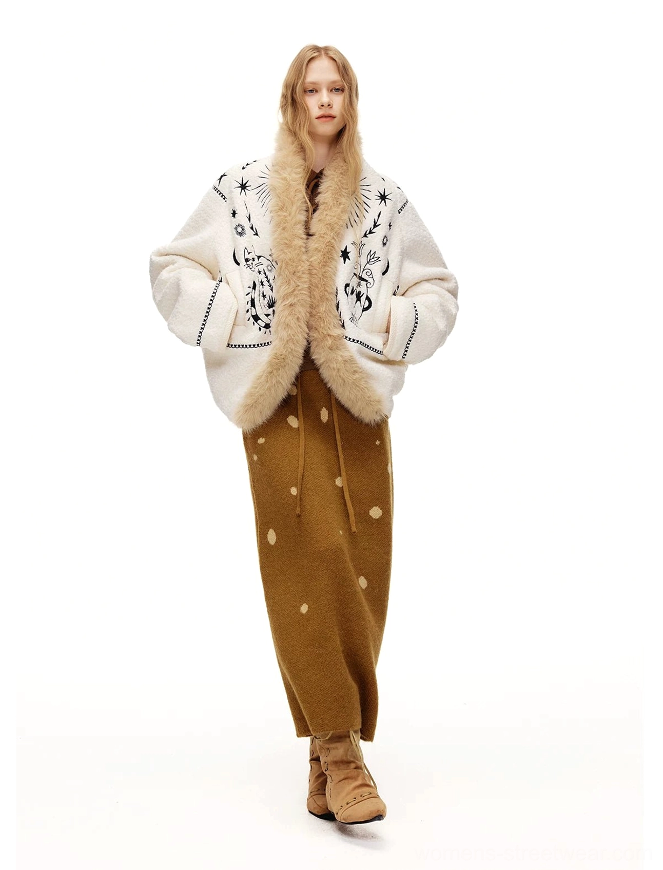 Moonlight white fleece streetwear jacket featuring mystical black embroidery and soft faux fur detailing