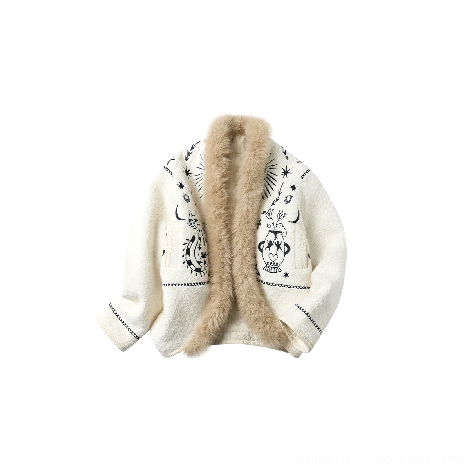 Moonlight white oversized tarot fleece jacket with celestial embroidery, faux fur collar, and cozy winter texture