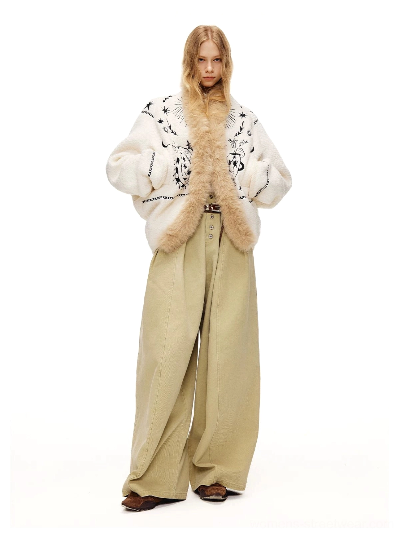 Moonlight white tarot fleece jacket with black mystical embroidery, faux fur collar, and practical side pockets