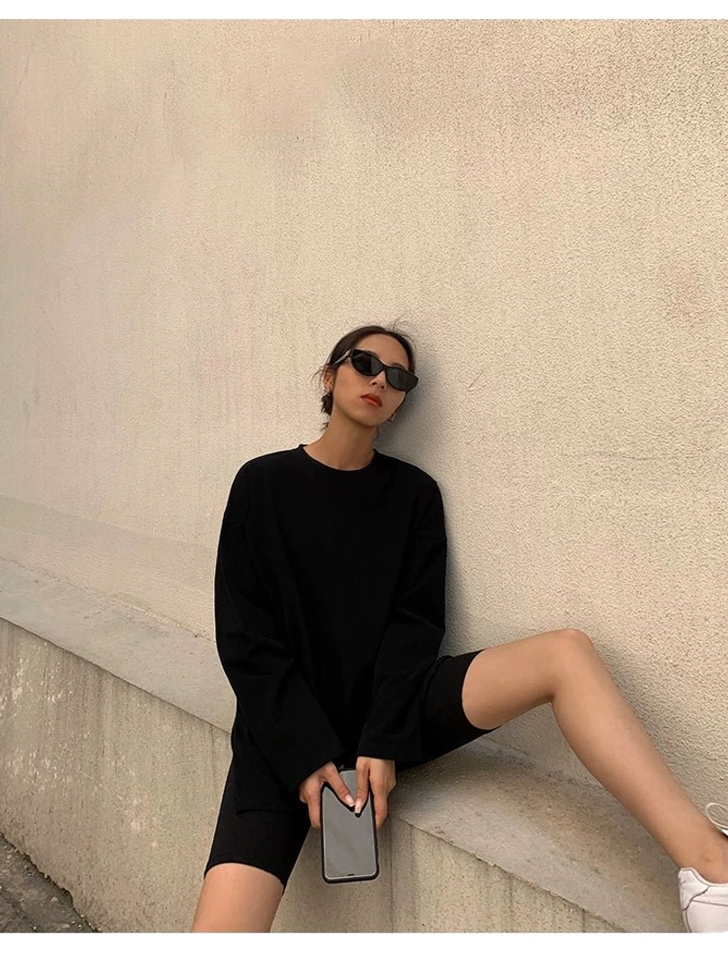 Minimalist oversized long sleeve tee dress from the Moonlit Stroll collection, featuring a loose mid-thigh cut and breathable cotton jersey construction for everyday wear