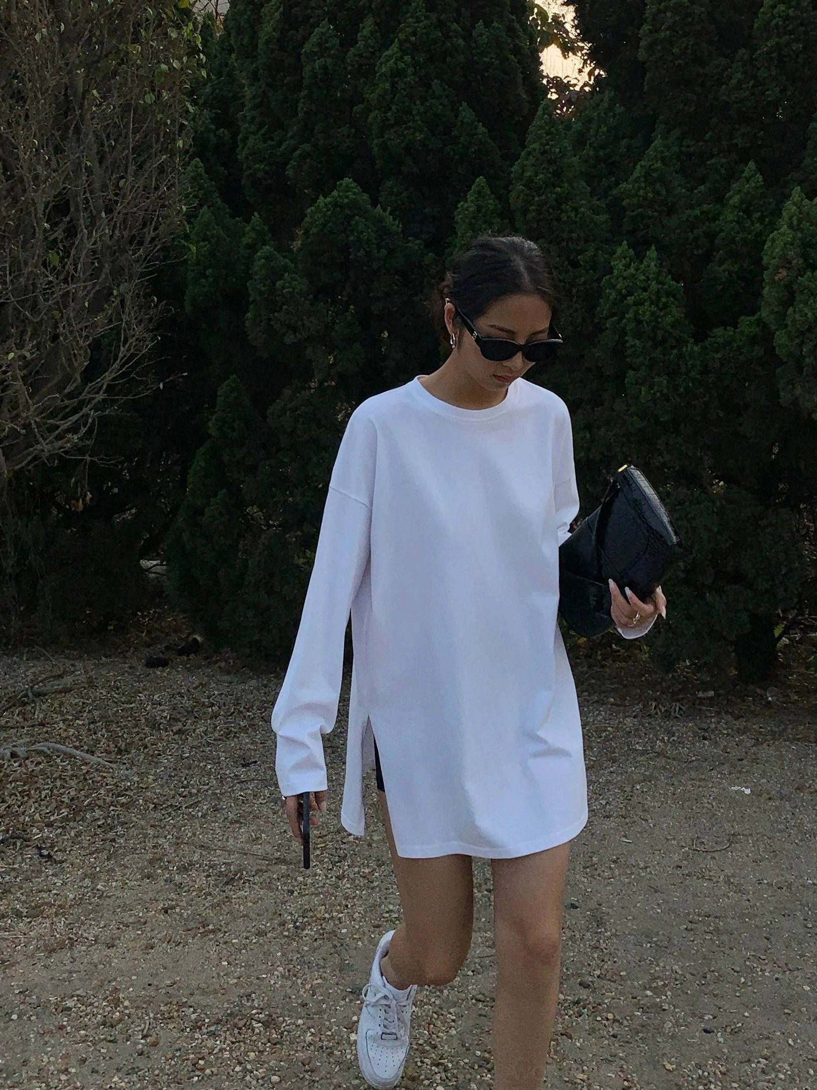 Moonlit Stroll oversized long sleeve t-shirt dress with a clean crew neck, relaxed drape, extended sleeves, and versatile mid-thigh silhouette for modern street style