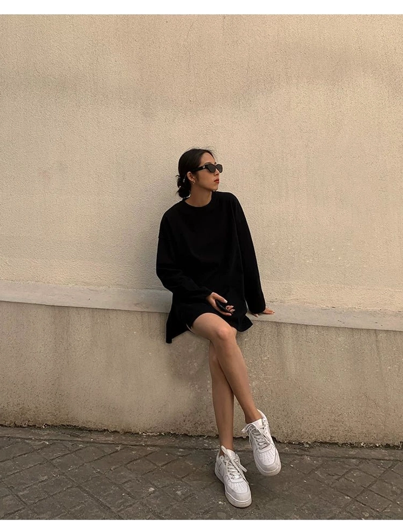Moonlit Stroll oversized long sleeve t-shirt dress in a relaxed streetwear silhouette, designed for effortless layering, everyday movement, and modern Korean fashion styling
