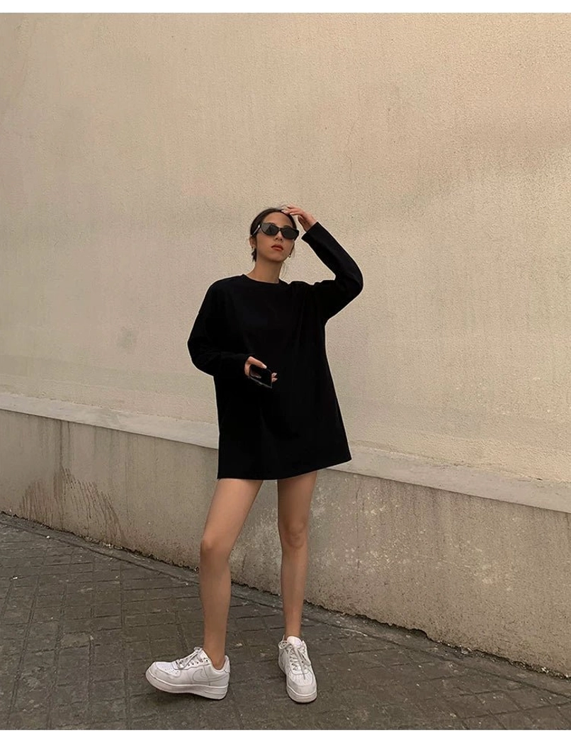 Moonlit Stroll oversized t-shirt dress with dropped shoulders, extended sleeves, crew neckline, and side slits, suitable for casual city outfits and layered streetwear looks