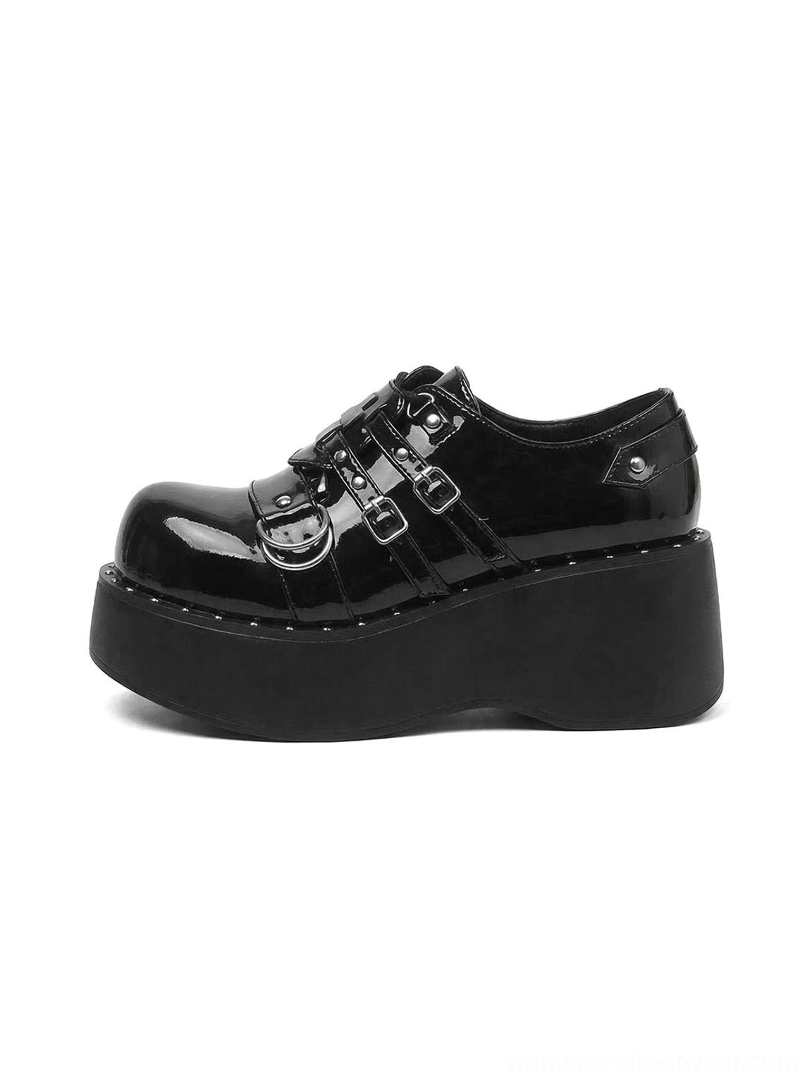 Glossy black patent Gothic platform Mary Jane shoes with dual buckle straps, metal studs, and thick platform outsole