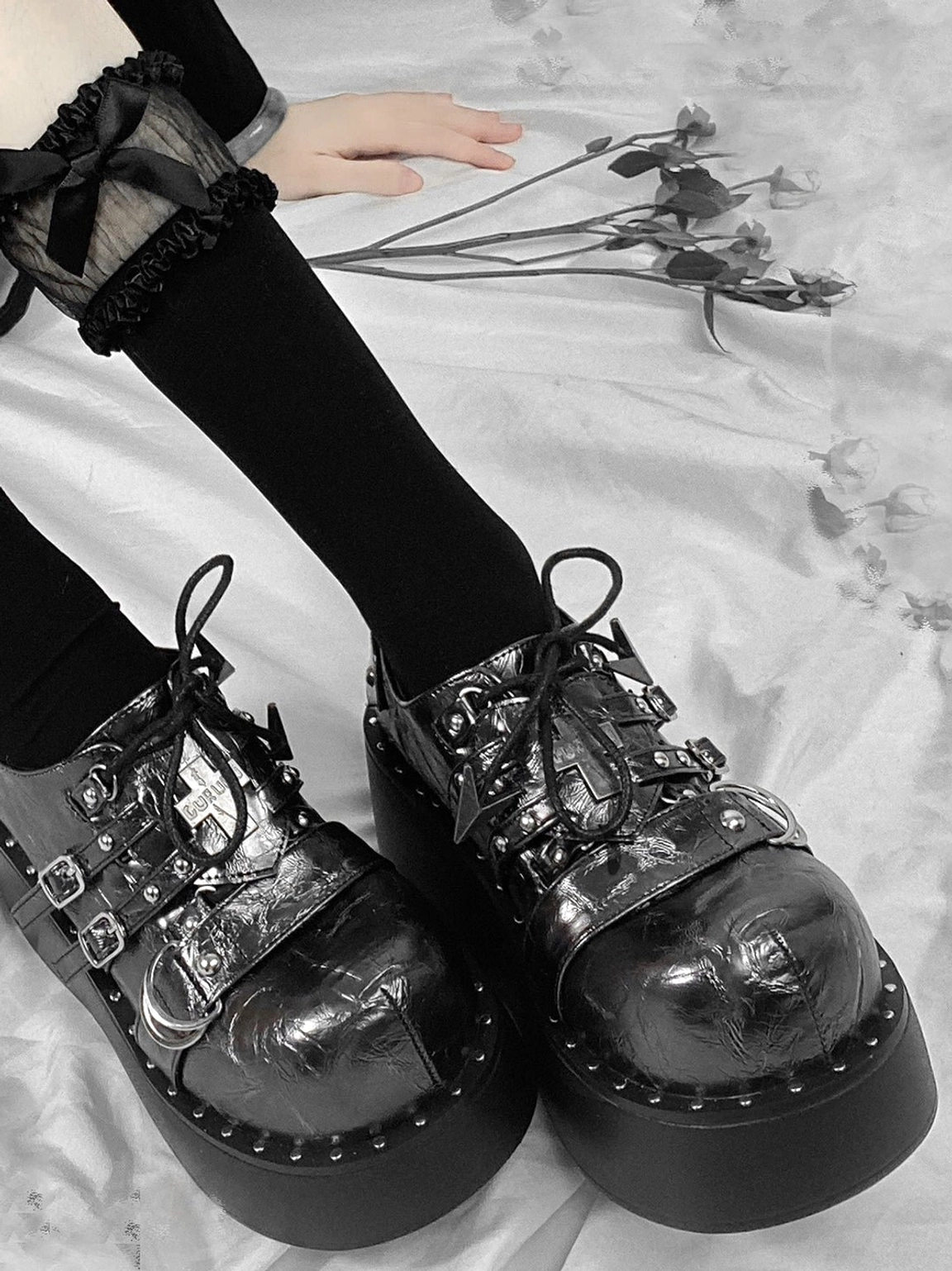 Cracked gray multi-buckle Gothic platform Mary Jane shoes for women with metal hardware and elevated wedge sole