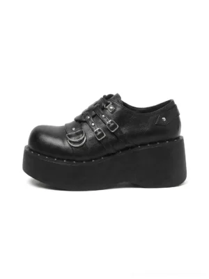 Matte black multi-buckle Gothic platform Mary Jane shoes for women shown in left side view with chunky wedge sole