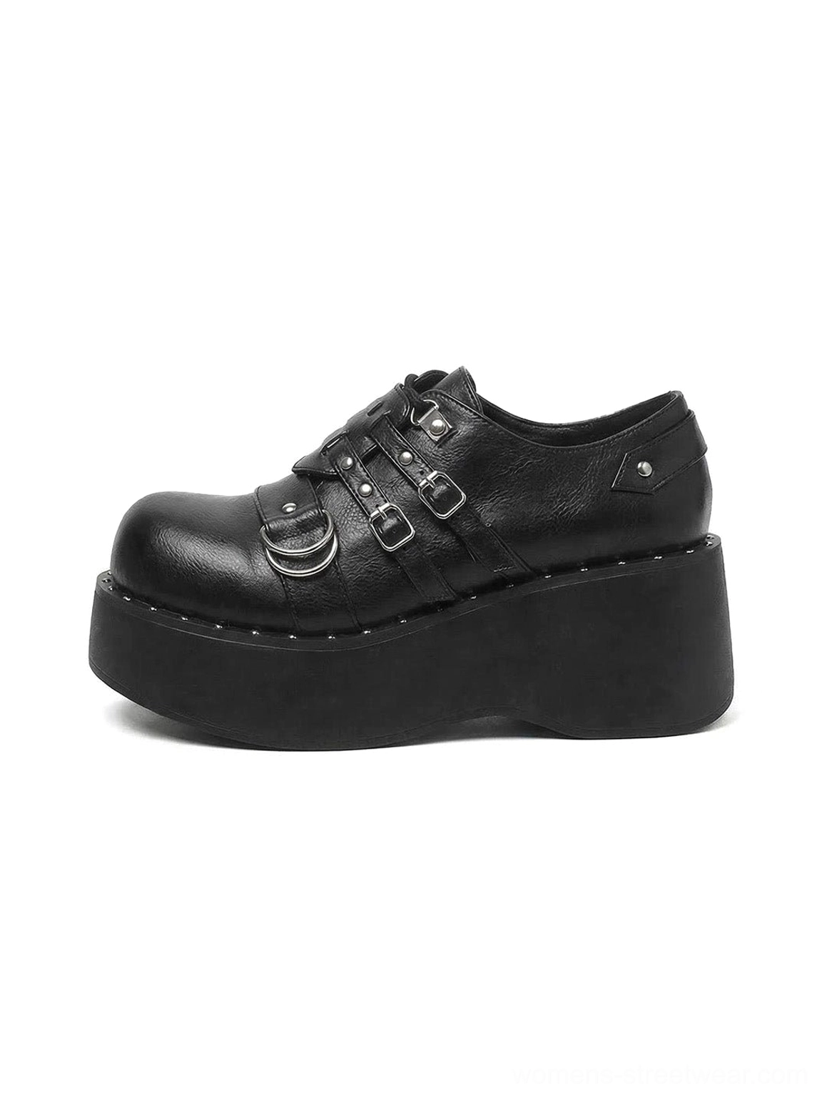 Matte black multi-buckle Gothic platform Mary Jane shoes for women shown in left side view with chunky wedge sole