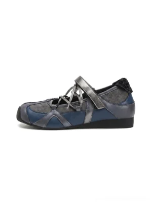 Blue and dark grey multi-strap cutout mesh ballet trainer sneakers for women shown in left side profile on a white studio background