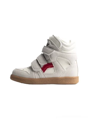 Multi-strap hidden-wedge high-top sneakers in light gray suede with white leather accents, red side stripe, padded collar, Velcro straps, and gum rubber outsole