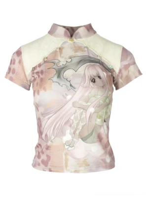 Flat lay product view of a multicolor cheongsam collar graphic tee with anime print, leopard accents, beige contrast yoke, and frog button closure
