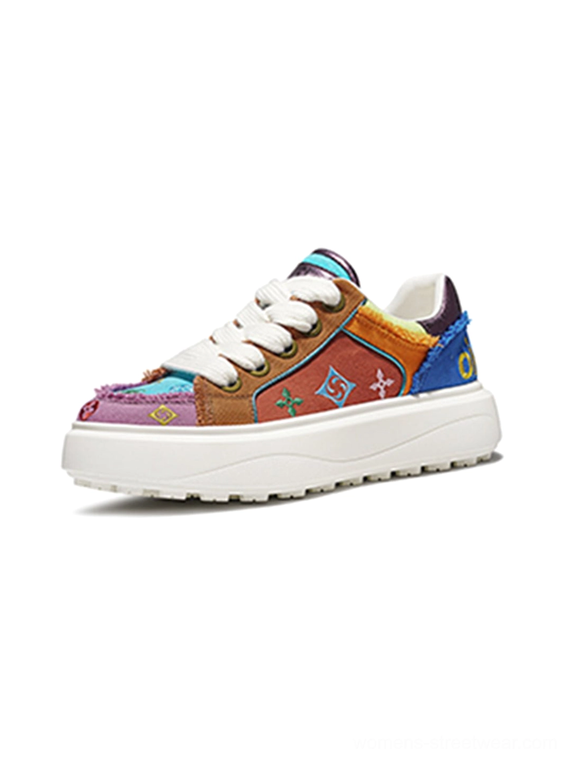 Alternative side profile of multicolor embossed platform skate sneakers with graphic panels frayed edges and white platform sole