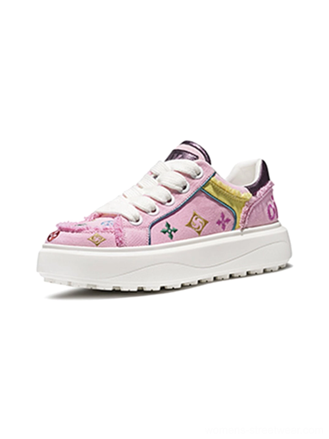 Multicolor embossed platform skate sneakers premium streetwear low-top silhouette with layered EVA-rubber outsole