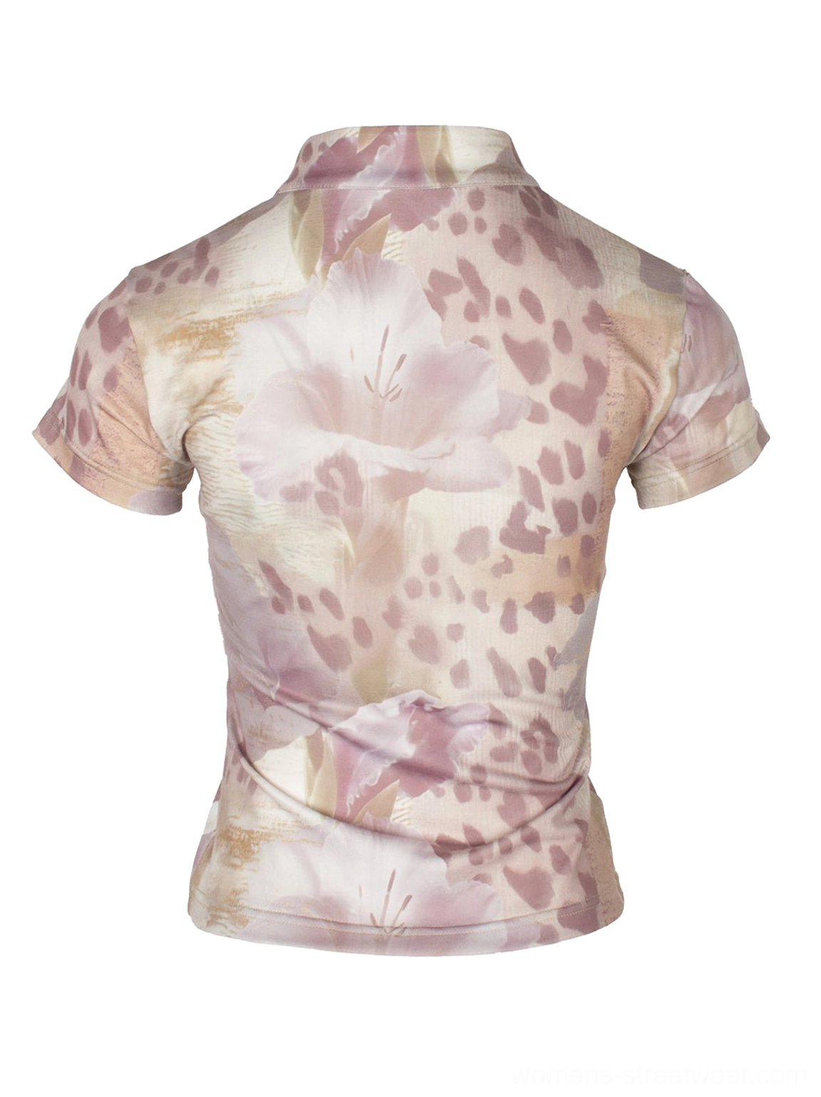 Multicolor Y2K cheongsam collar anime print tee with lace-spliced panels, fitted waist, leopard accents, and frog button neckline