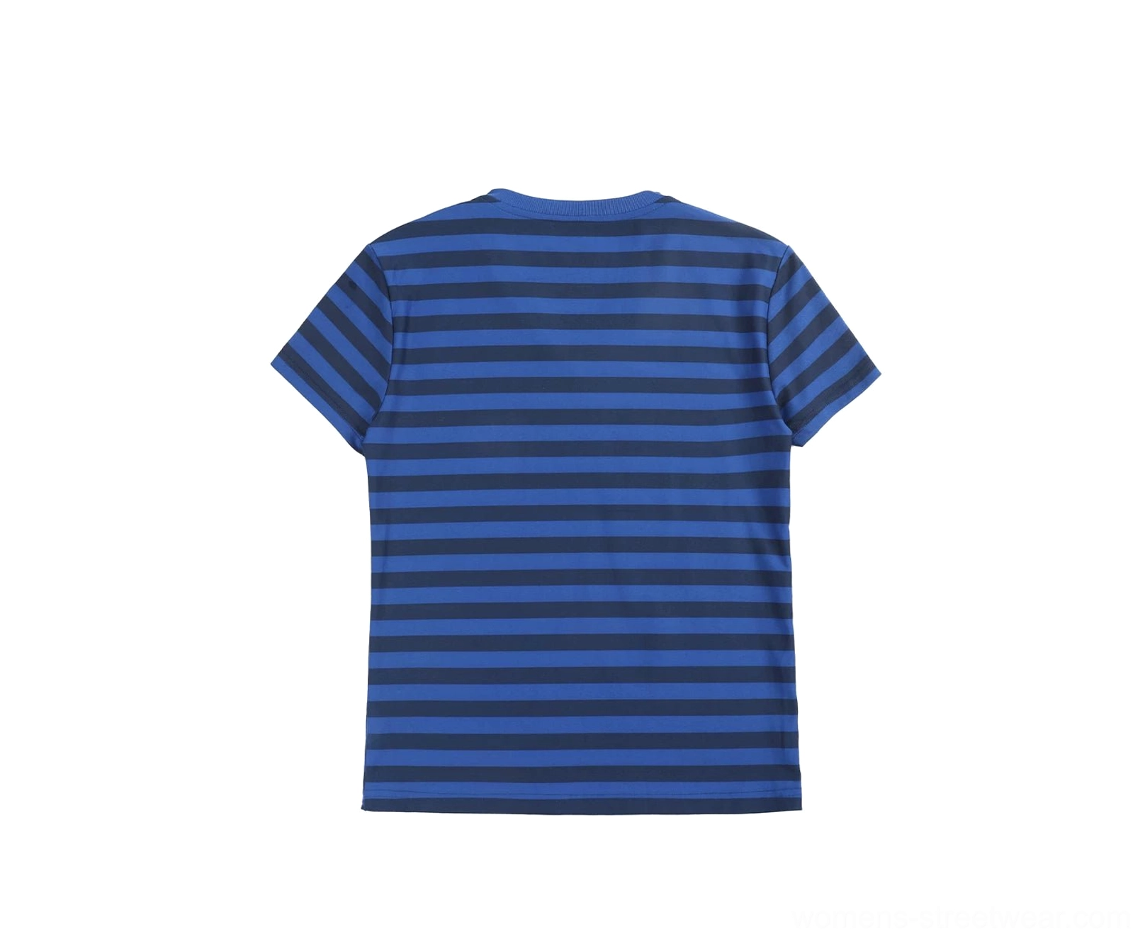 Flat lay back view of deep blue and navy horizontal striped fitted short sleeve V-neck tee