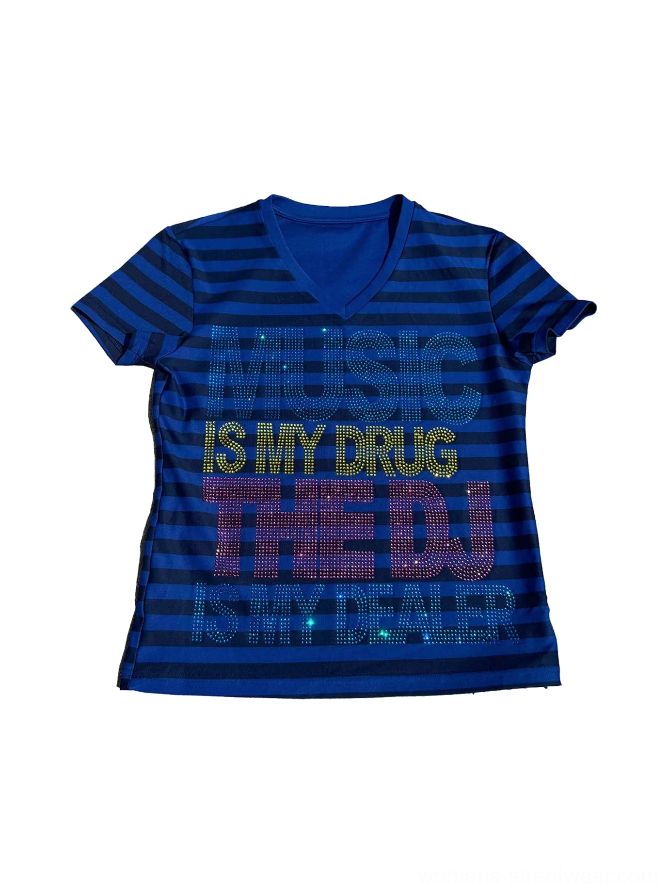 Music Is My Drug rhinestone striped V-neck tee in deep blue with multicolor crystal slogan graphic