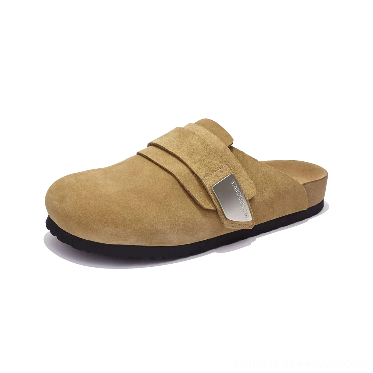 Mustard yellow closed-toe suede leather mule sandals with adjustable strap and flat black rubber sole