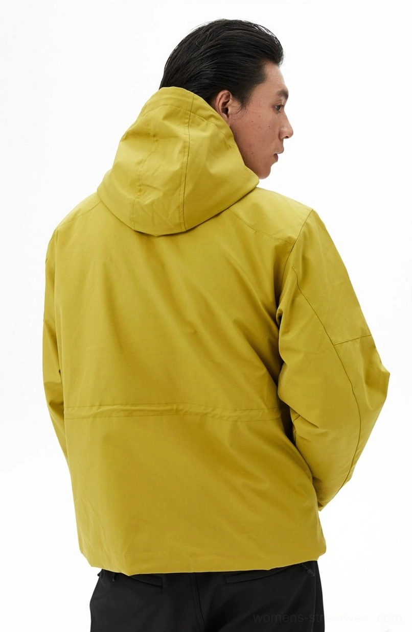 Mustard yellow outdoor hooded jacket shown from the rear three-quarter view with clean silhouette and adjustable hem