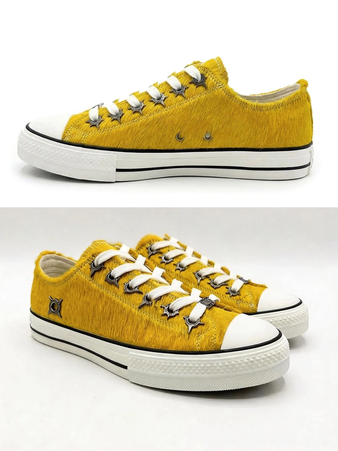 Mustard yellow textured cowhide low-top sneakers with contrast laces and white rubber sole shown from the right side