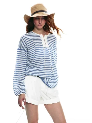 Blue and white striped lace-up long sleeve nautical top in a relaxed fit with white tailored shorts three-quarter view