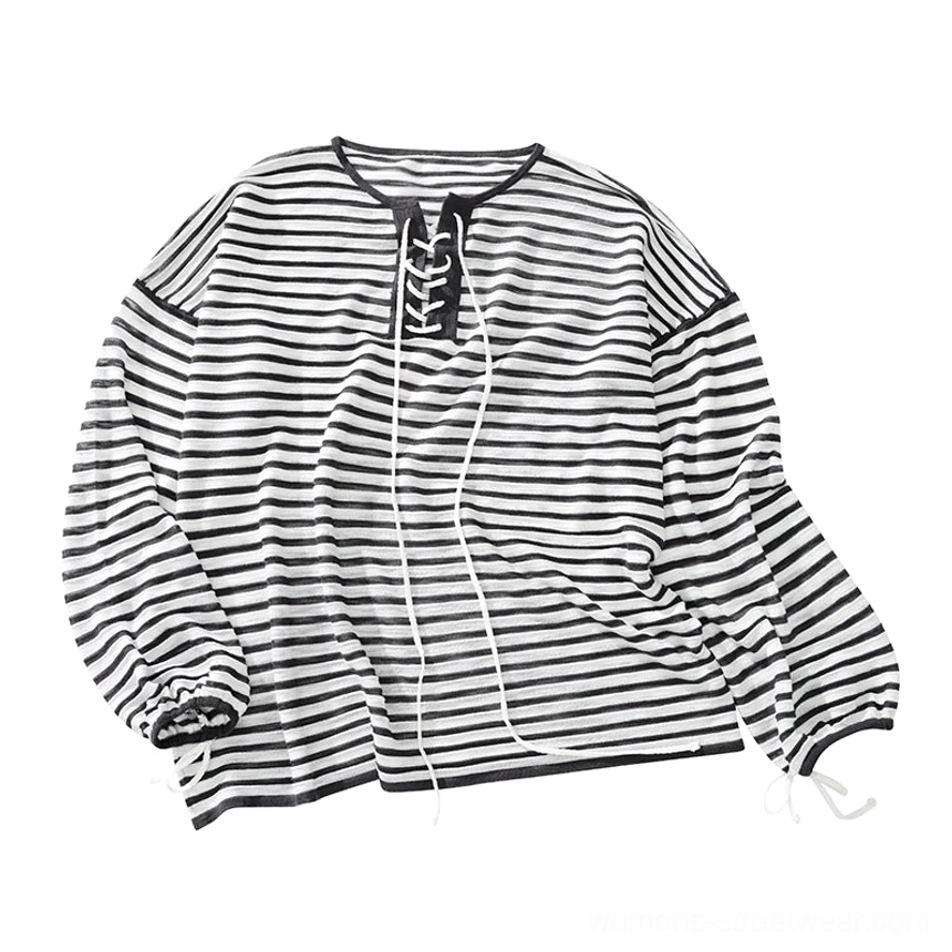 Dark gray loose fit nautical lace-up striped long sleeve top product image