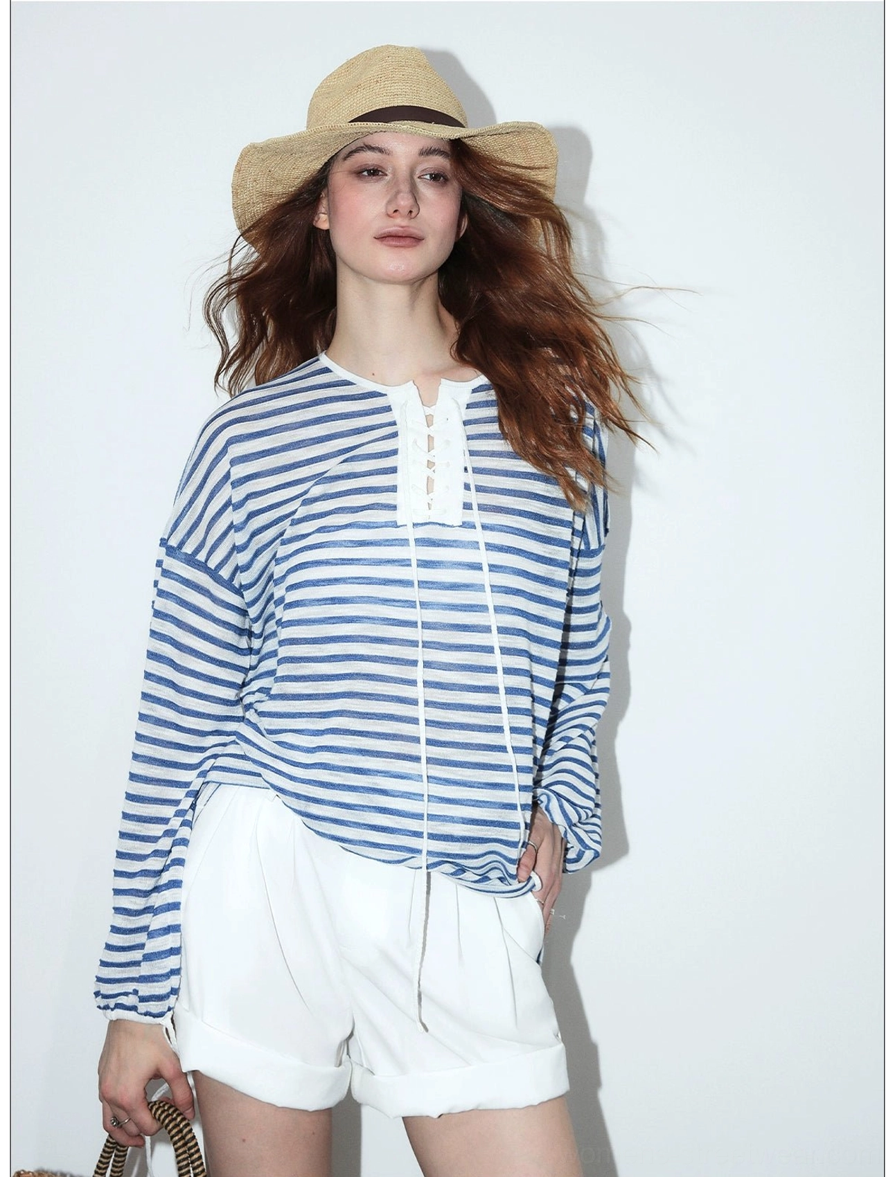 Nautical lace-up striped long sleeve top fashion product view showing relaxed coastal streetwear styling
