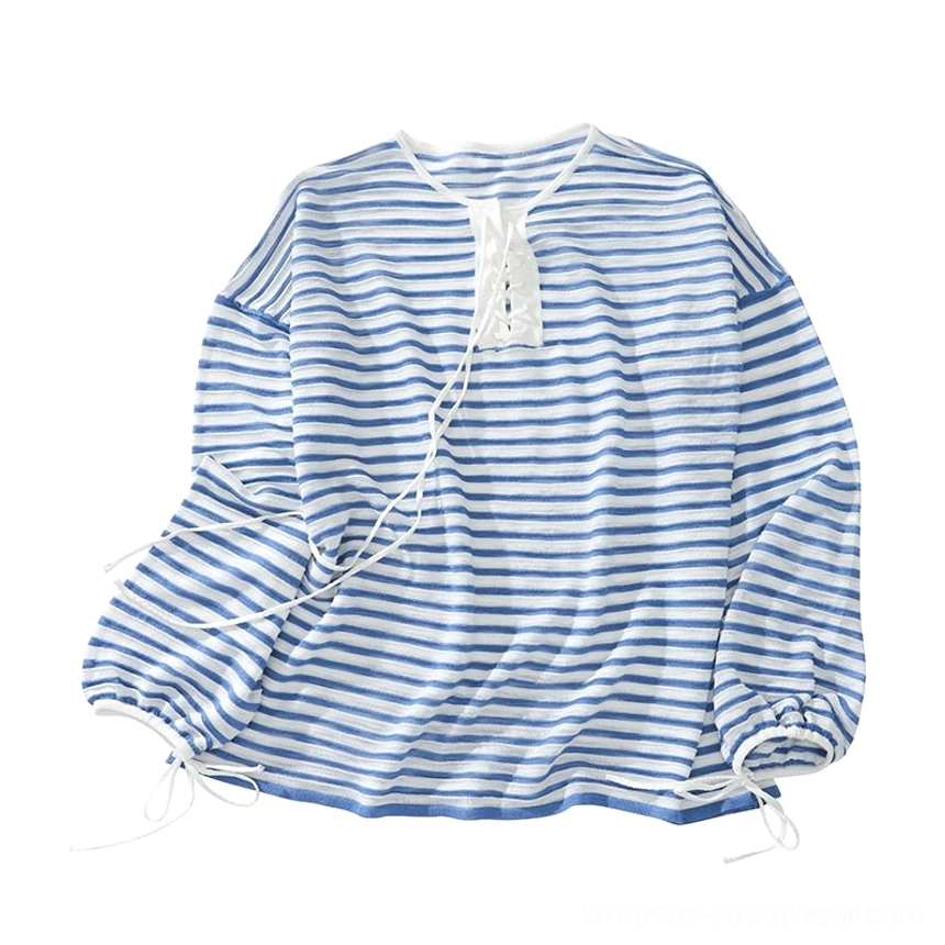 Sky blue loose fit nautical lace-up striped long sleeve top product image