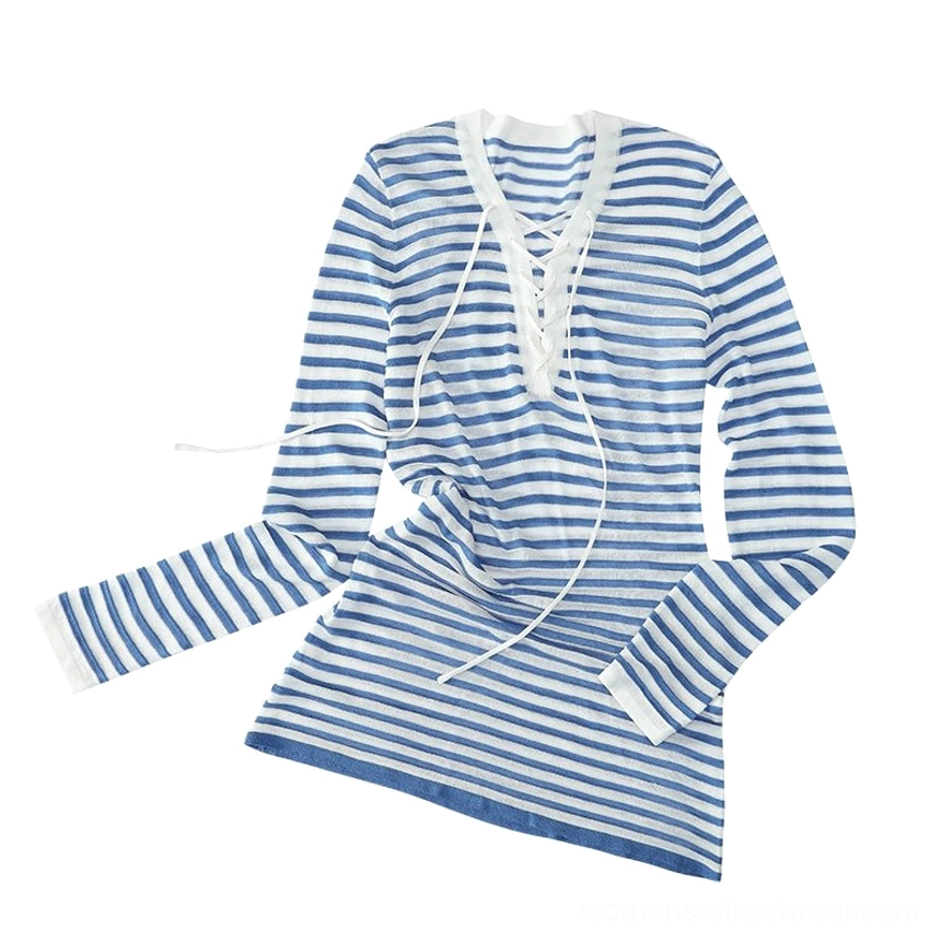 Sky blue slim fit nautical lace-up striped long sleeve top product image