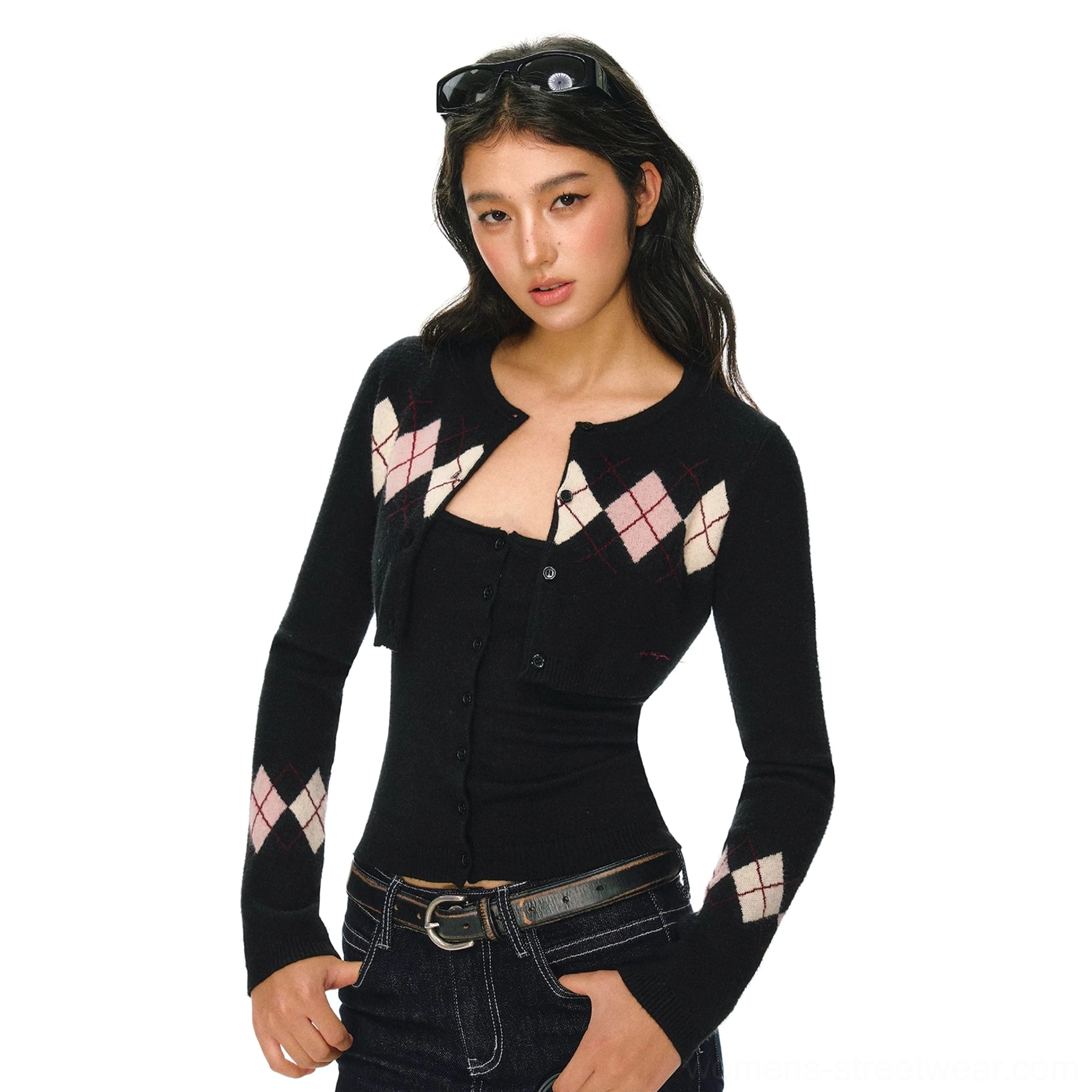 Navy blue argyle cropped cardigan and camisole set flat lay back view showing solid knit back and slim fit