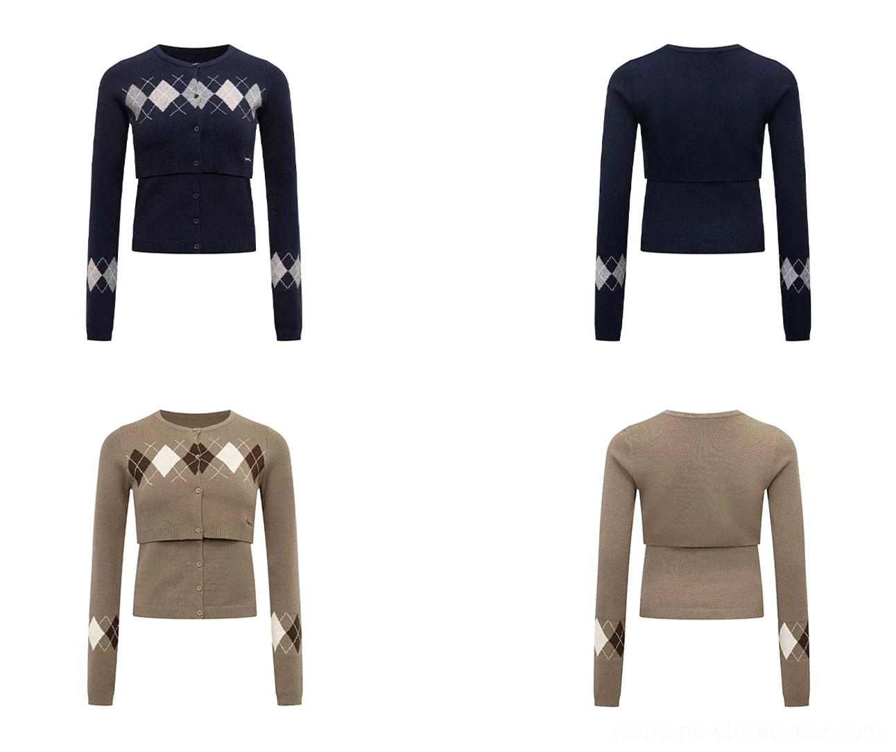 Navy blue argyle knit two piece set flat lay showing cropped button front cardigan and matching camisole