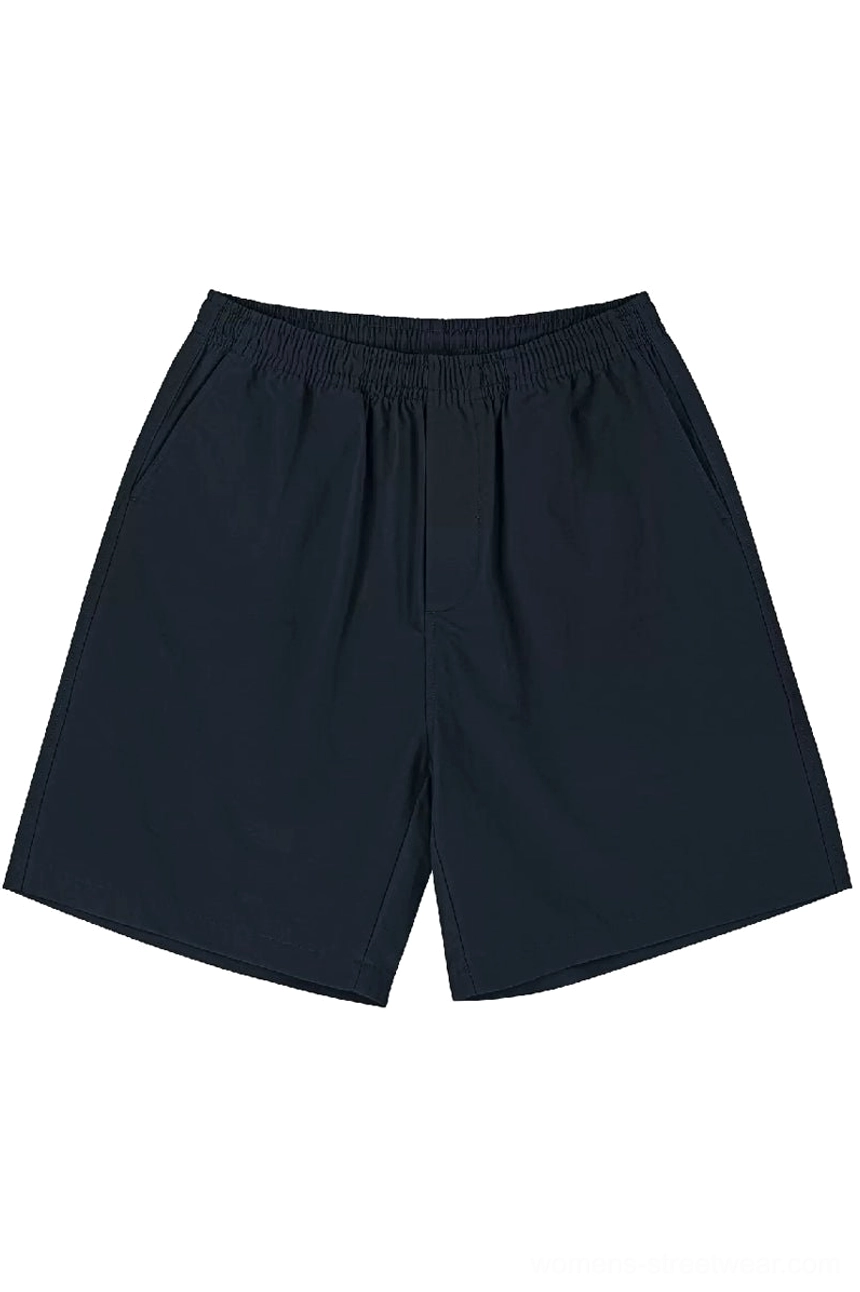 Navy blue cotton streetwear shorts with elastic waistband and relaxed straight-leg silhouette for summer outfits