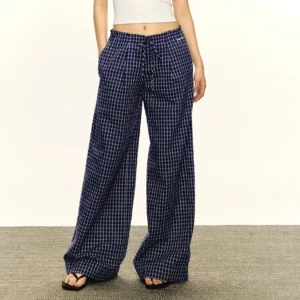 Navy blue plaid loose wide-leg streetwear pants with elastic drawstring waist and relaxed full-length fit