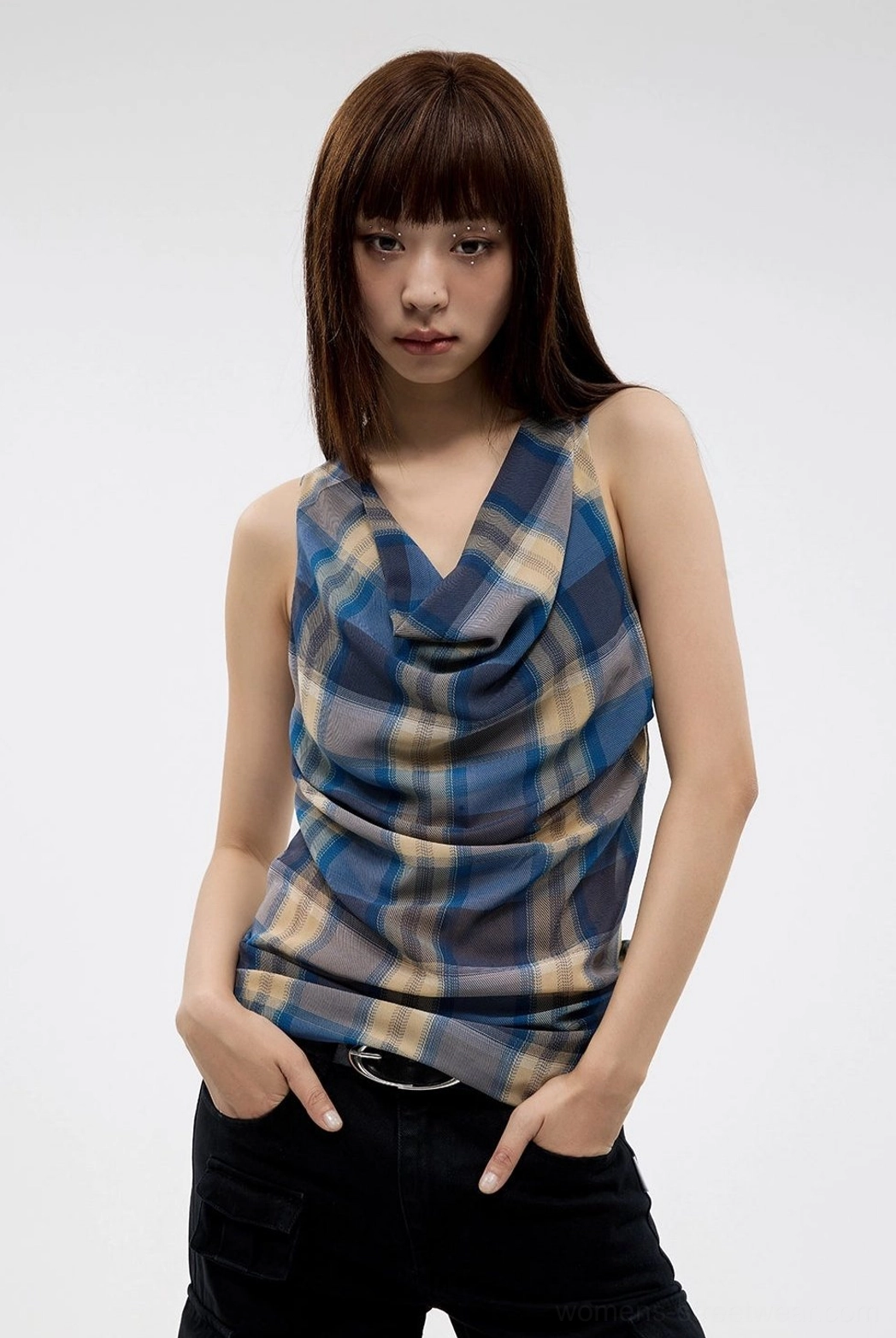 Navy blue plaid Y2K cowl neck sleeveless tank top for women front view
