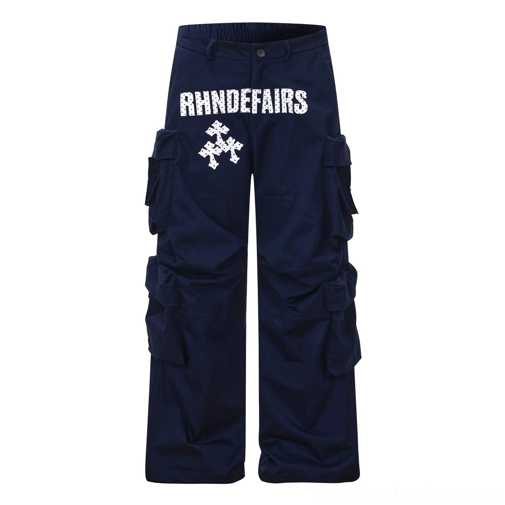 Navy blue stacked pocket wide-leg streetwear cargo pants product view with oversized utility pockets and relaxed fit