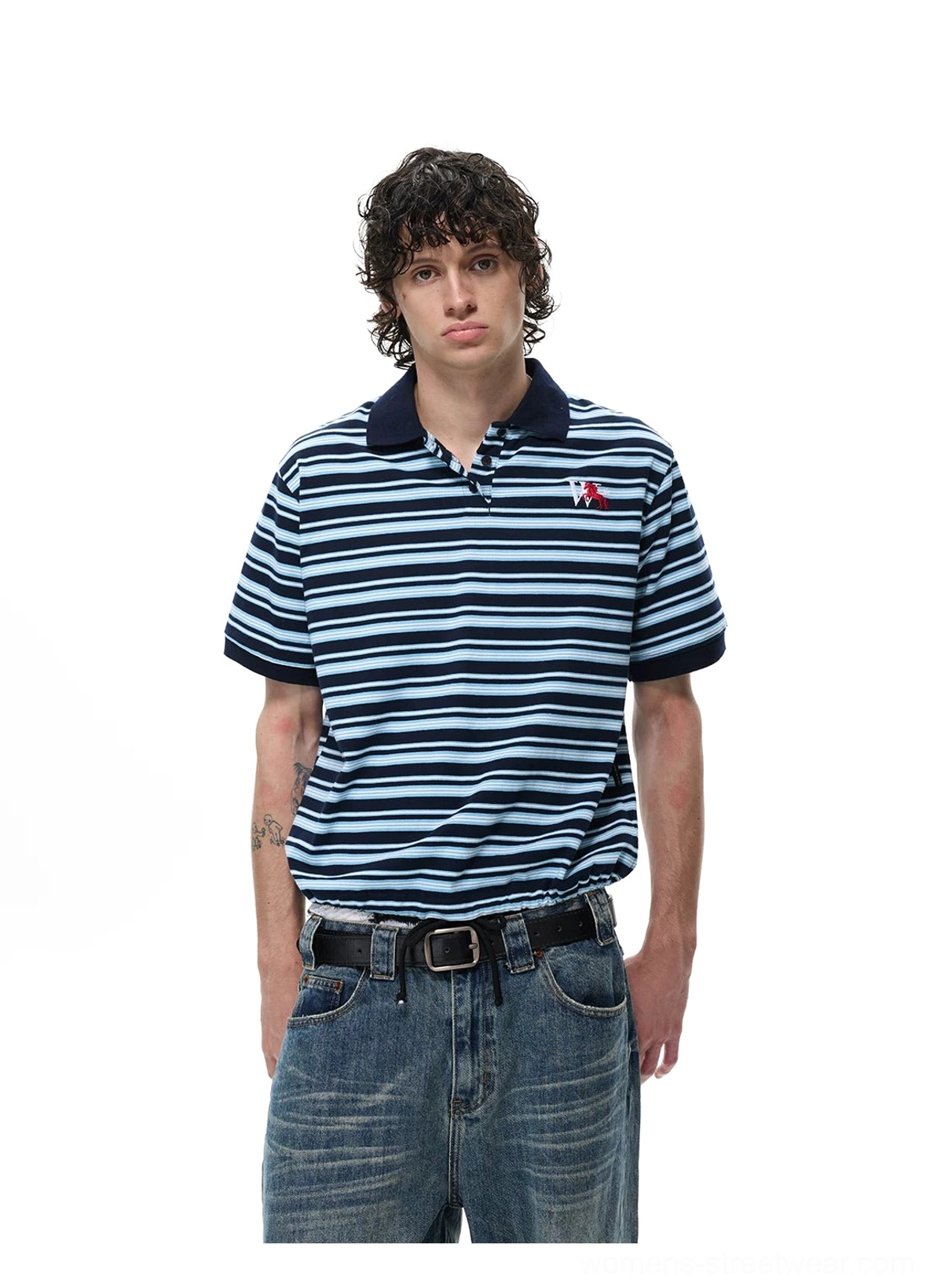 Navy blue striped retro polo shirt with contrast collar and short sleeve streetwear styling