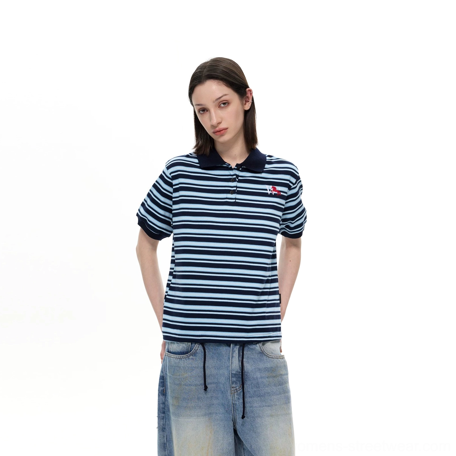 Navy blue striped retro polo shirt with embroidered chest detail main product image