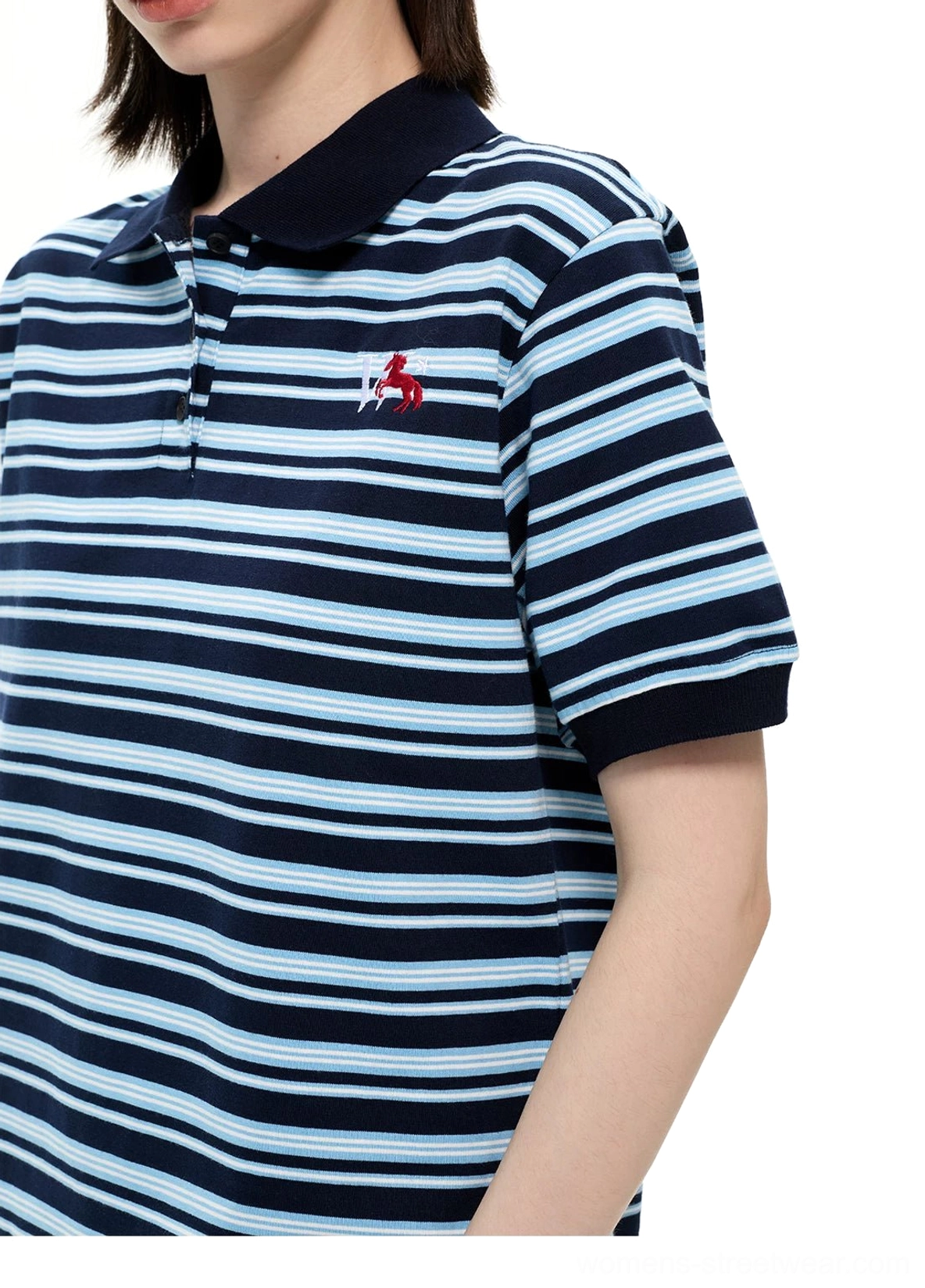 Navy blue striped retro polo shirt with embroidered chest detail streetwear product view