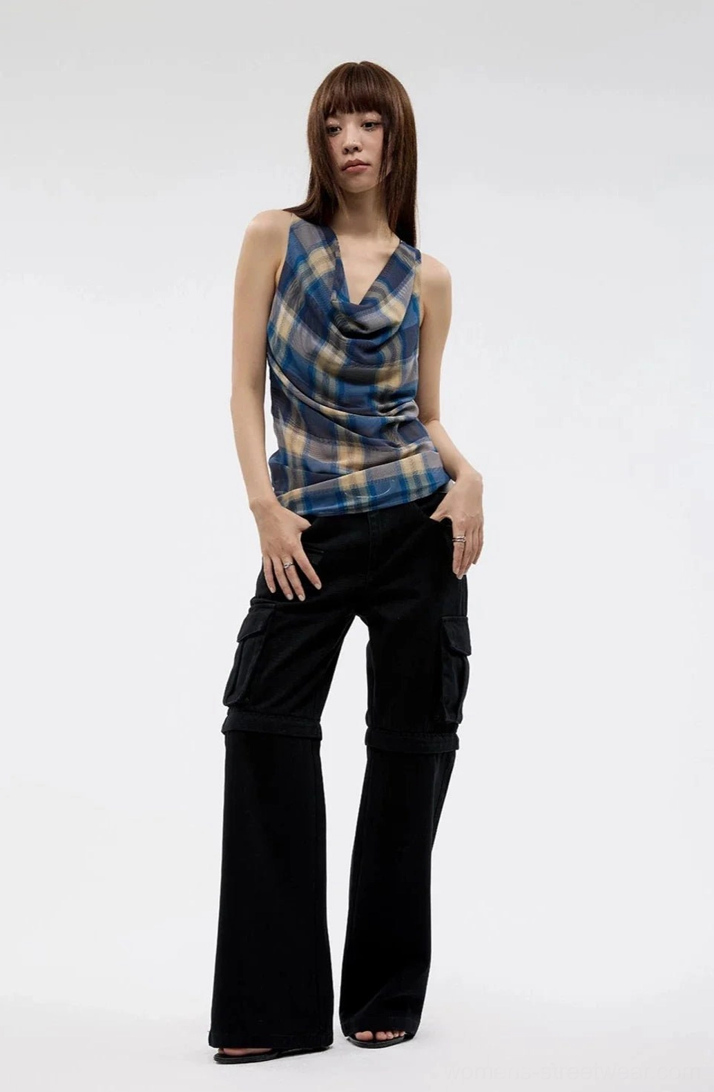 Navy blue tartan plaid cowl neck fitted tank top women streetwear outfit