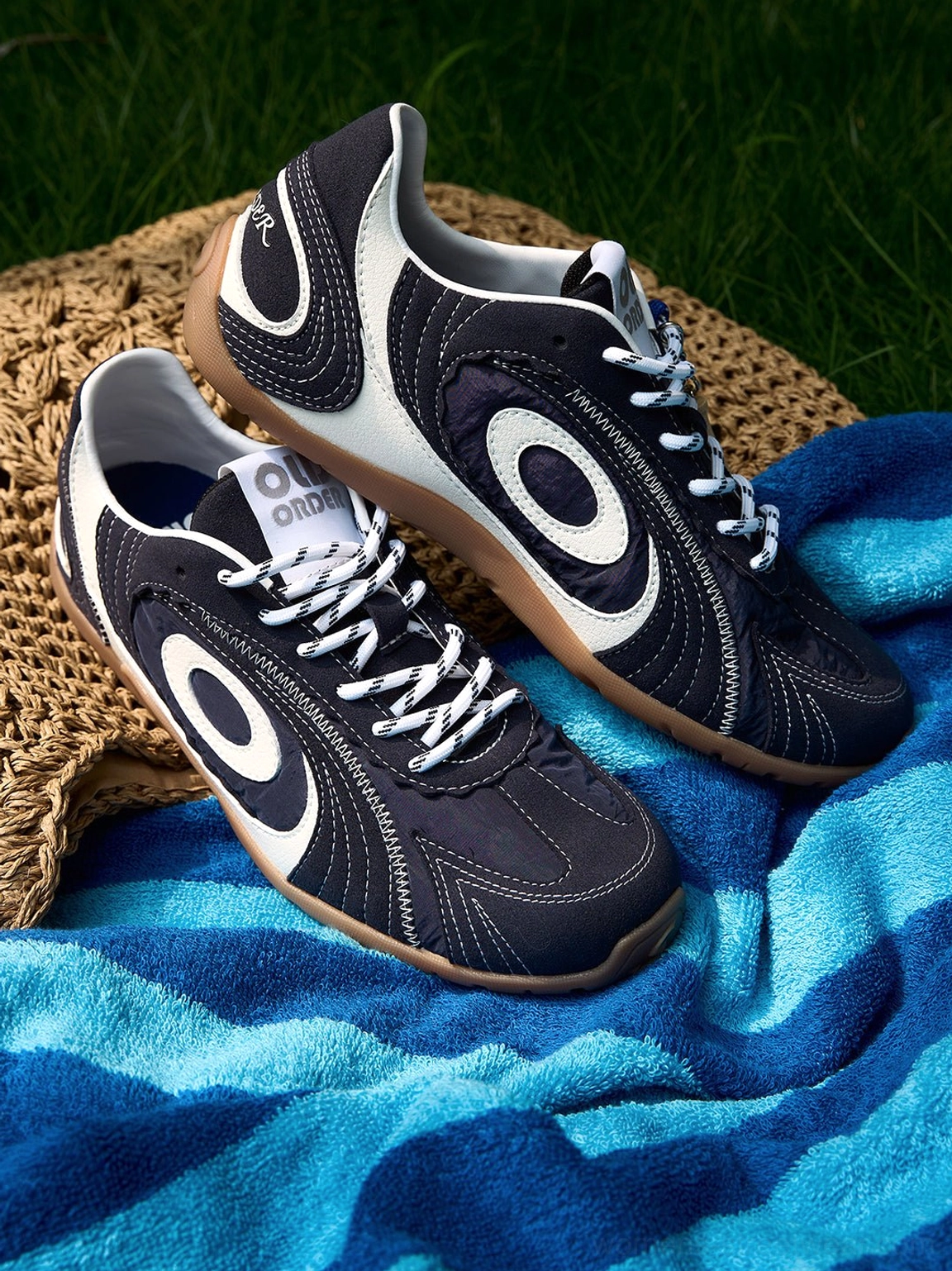 Navy cream and cobalt retro trainers designed for Korean streetwear, Y2K outfits, and everyday casual styling