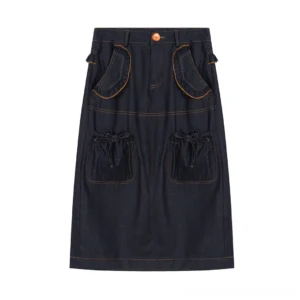 Navy denim utility pocket midi skirt flat lay front view with curved pockets brown topstitching and drawstring details
