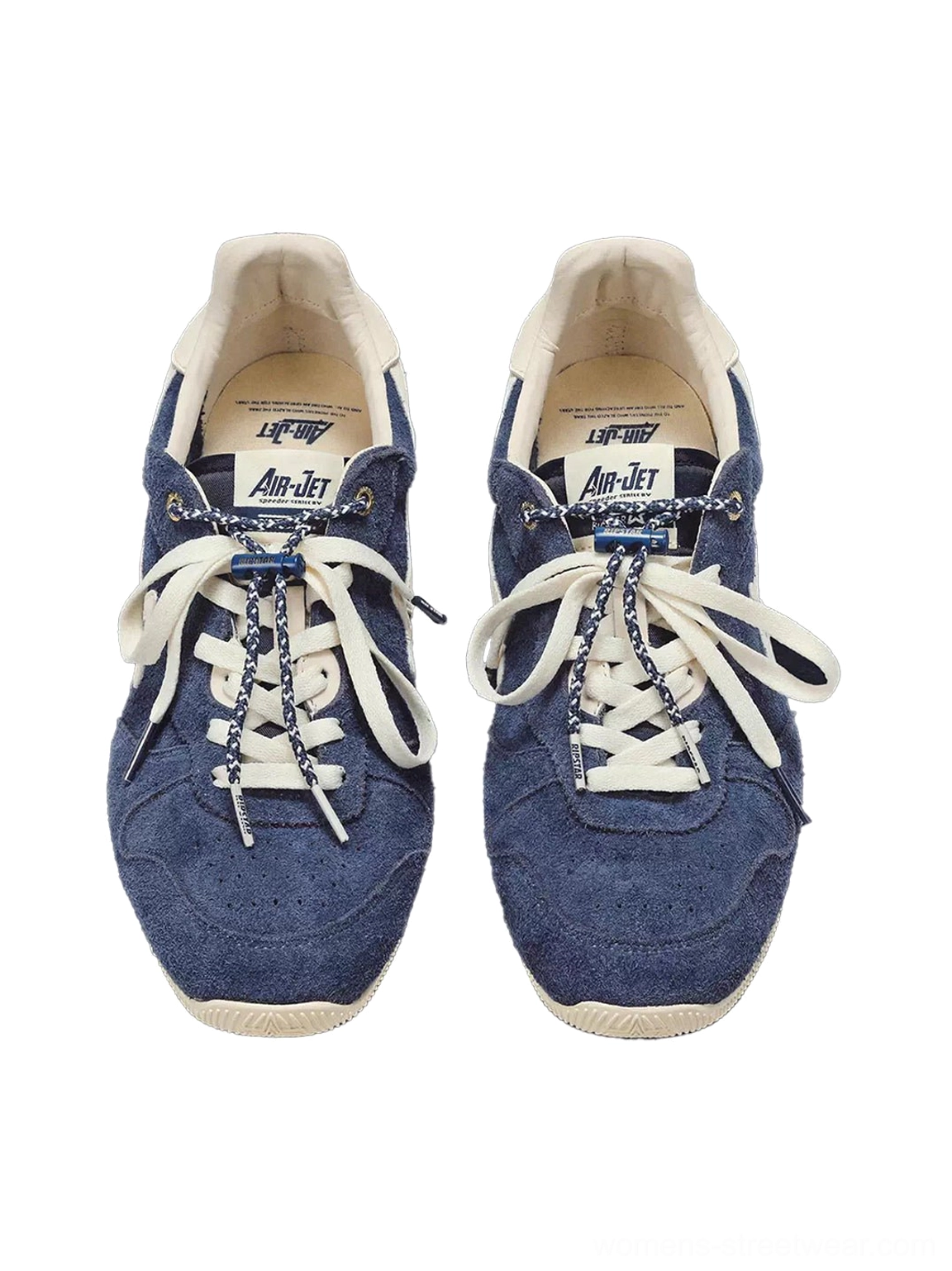 Pair of navy low-profile retro streetwear sneakers shown from above with white laces and a classic slim trainer shape