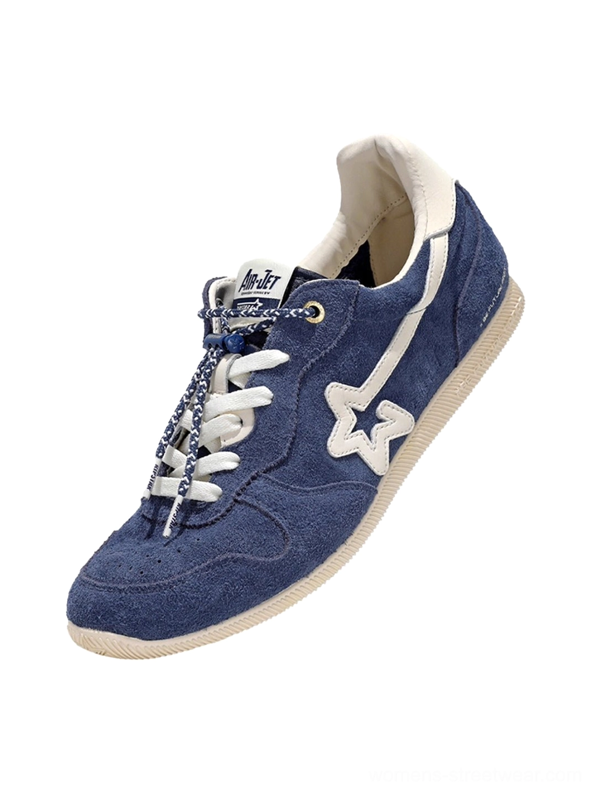 Single navy blue low-profile retro sneaker showing the textured suede upper, layered side panels, laces, and contrasting heel trim