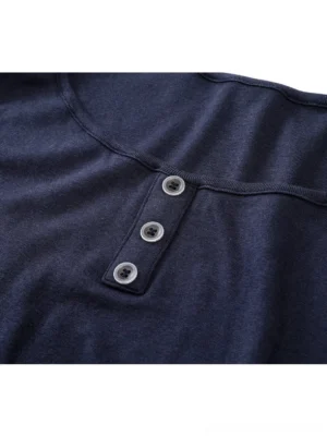 Close-up of navy henley maxi dress neckline binding and three grey decorative front buttons