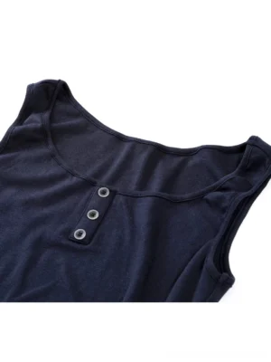 Navy sleeveless henley column maxi dress upper front view with round neckline and three button placket