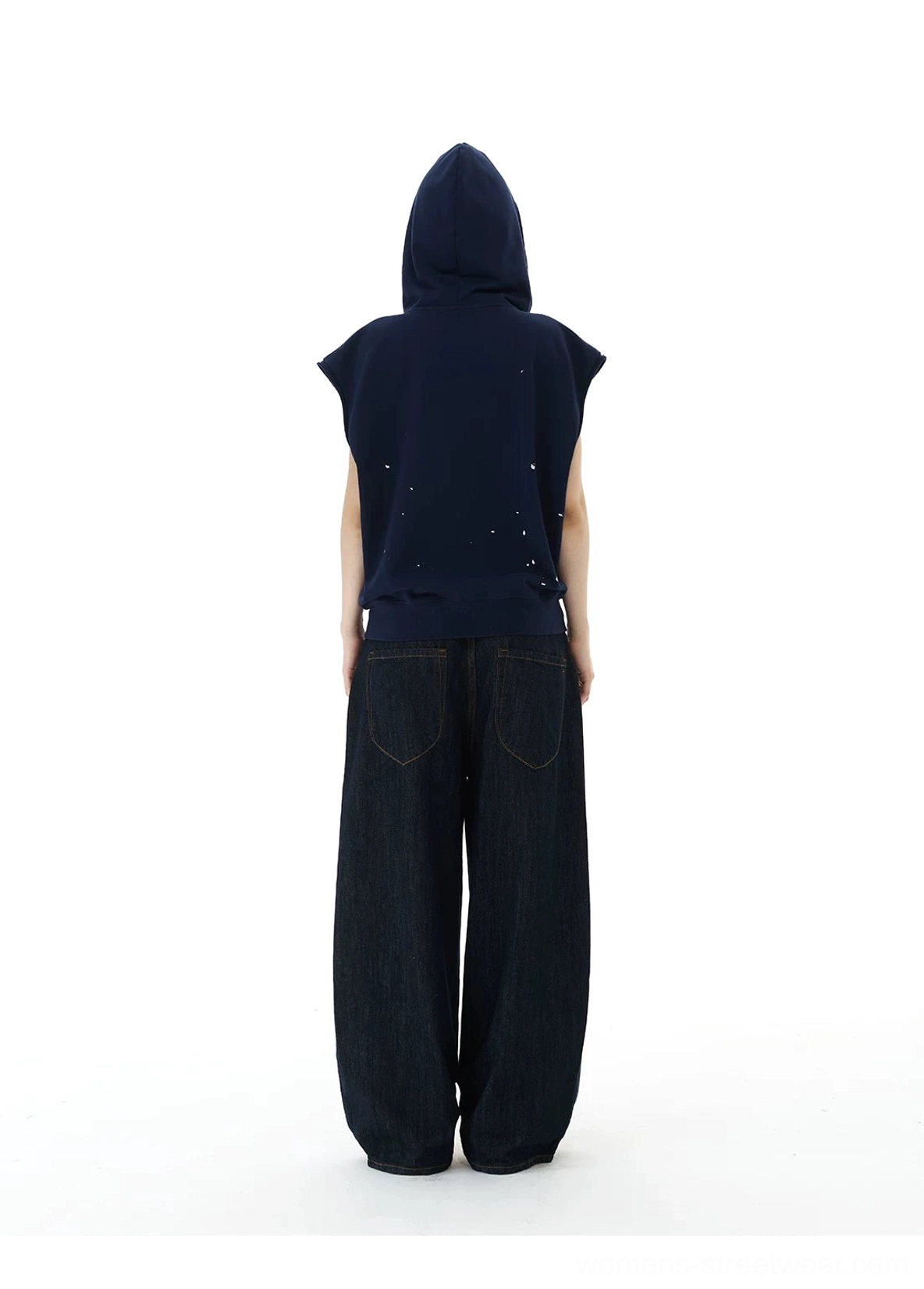 Navy sleeveless zip hoodie vest with crest graphics and relaxed streetwear silhouette