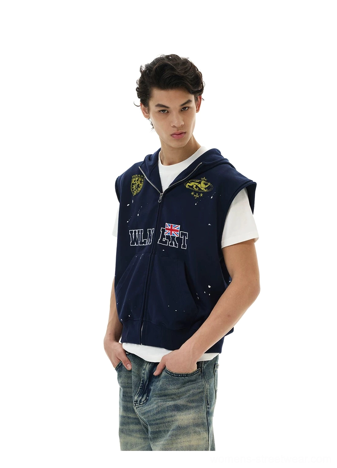 Navy sleeveless zip hoodie vest featuring WLN CAT lettering, badge patches, hood, and casual streetwear styling